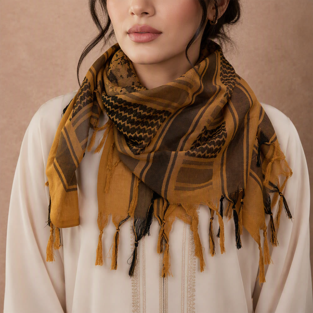 HilalHaven Sand Veil Keffiyeh Scarf — Ochre Brown Arab Traditional Tassel Shawl Unisex - image 2