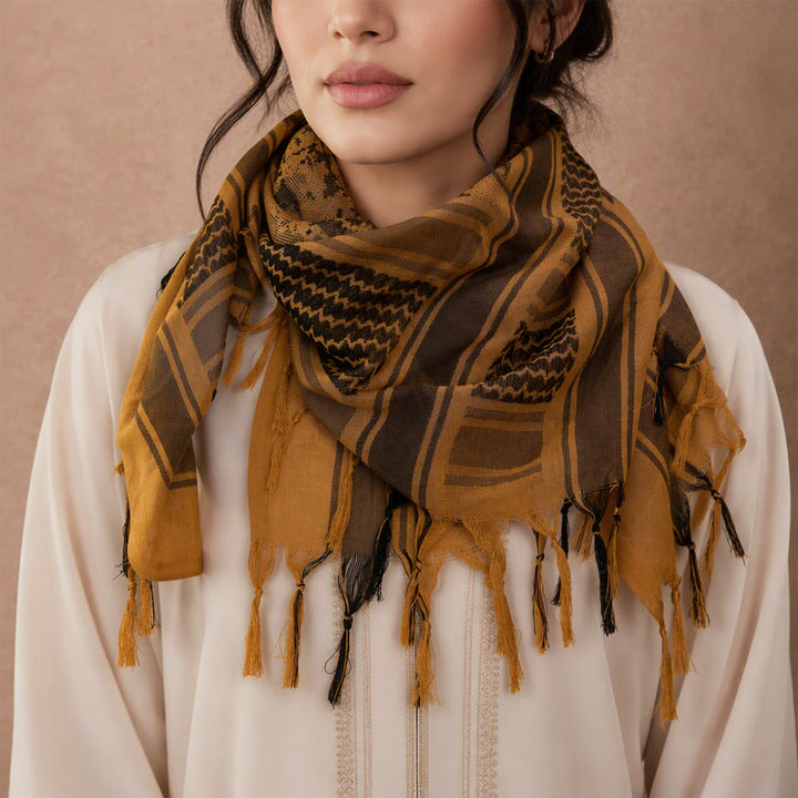 HilalHaven Sand Veil Keffiyeh Scarf — Ochre Brown Arab Traditional Tassel Shawl Unisex - image 2