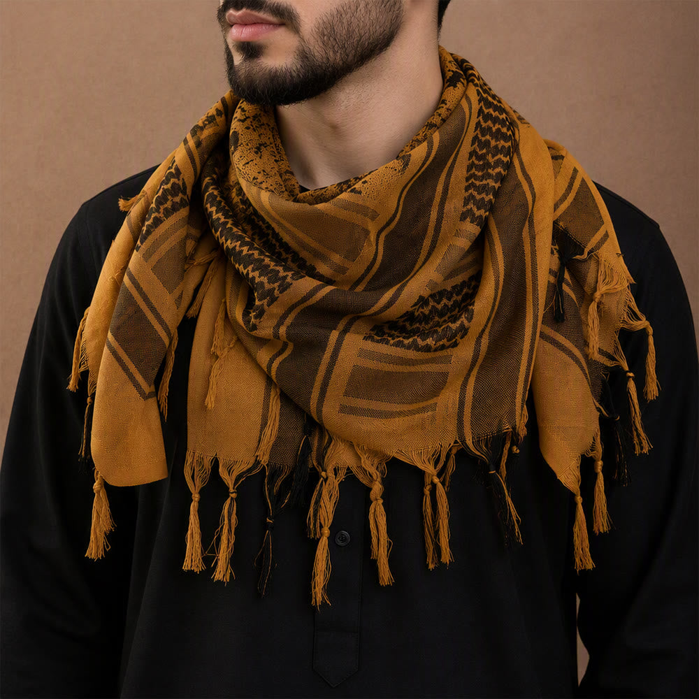 HilalHaven Sand Veil Keffiyeh Scarf — Ochre Brown Arab Traditional Tassel Shawl Unisex - image 0