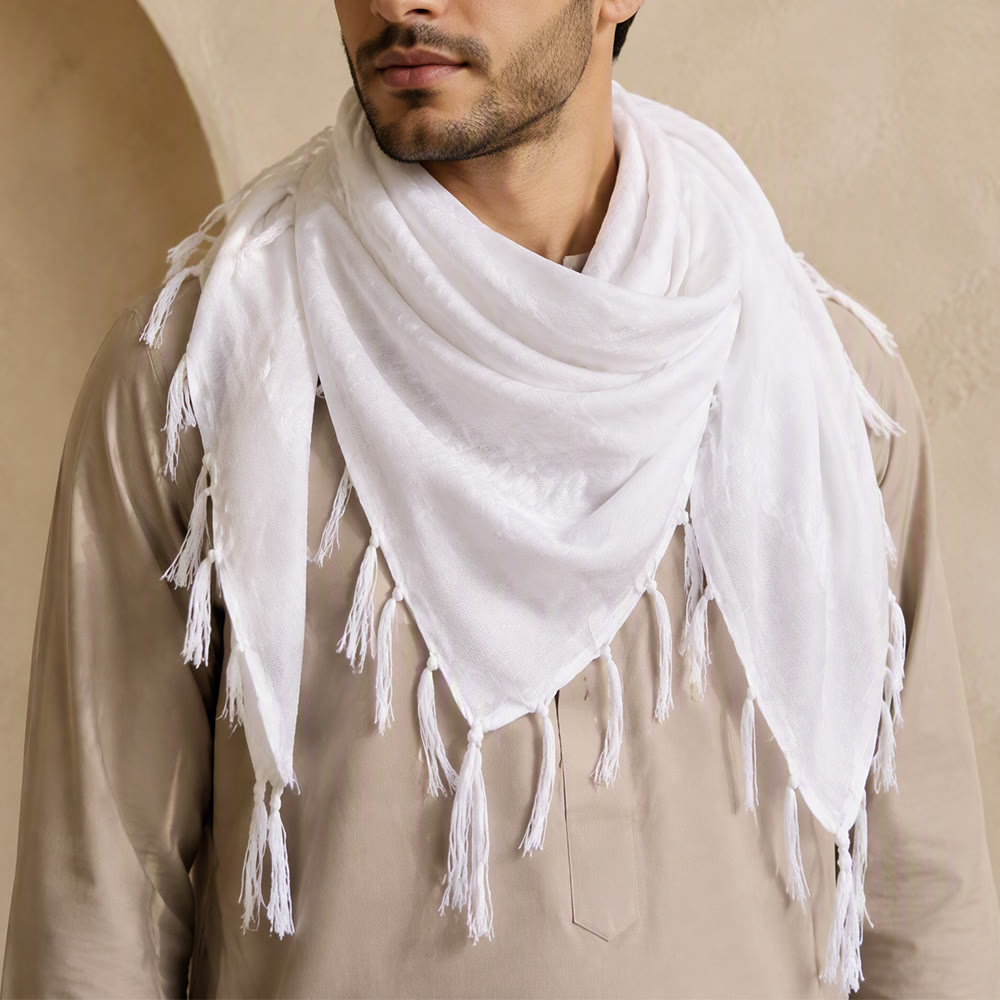 HilalHaven Pure Mist Keffiyeh Scarf — Solid White Plain Arab Tassel Shawl Unisex - image 4