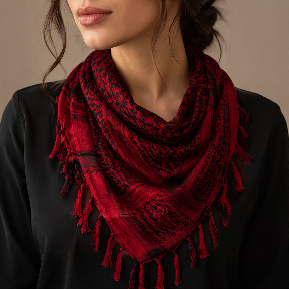 HilalHaven Crimson Flame Keffiyeh Scarf — Red Black Traditional Arab Tassel Shawl Unisex - image 0