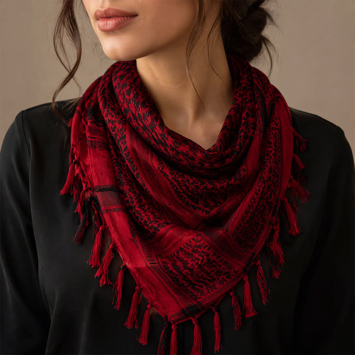 HilalHaven Crimson Flame Keffiyeh Scarf — Red Black Traditional Arab Tassel Shawl Unisex - image 0
