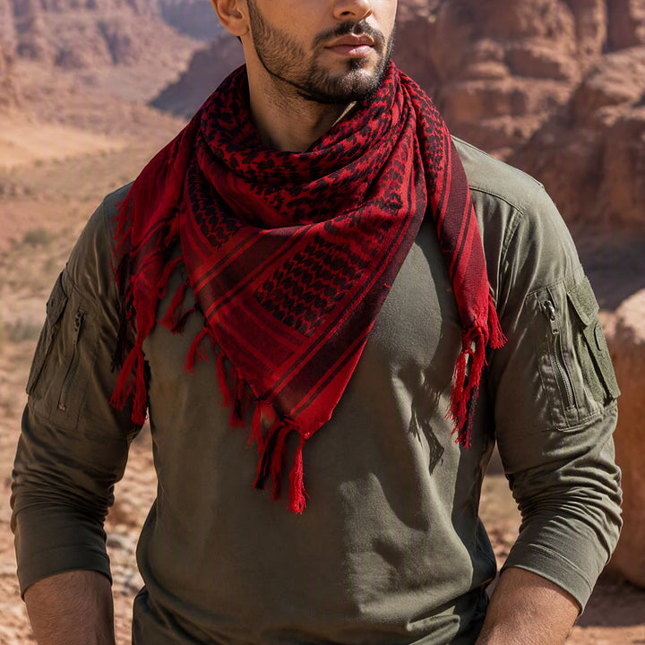 HilalHaven Crimson Flame Keffiyeh Scarf — Red Black Traditional Arab Tassel Shawl Unisex - image 3
