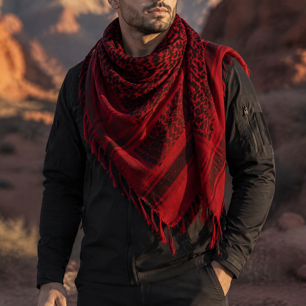 HilalHaven Crimson Flame Keffiyeh Scarf — Red Black Traditional Arab Tassel Shawl Unisex - image 1