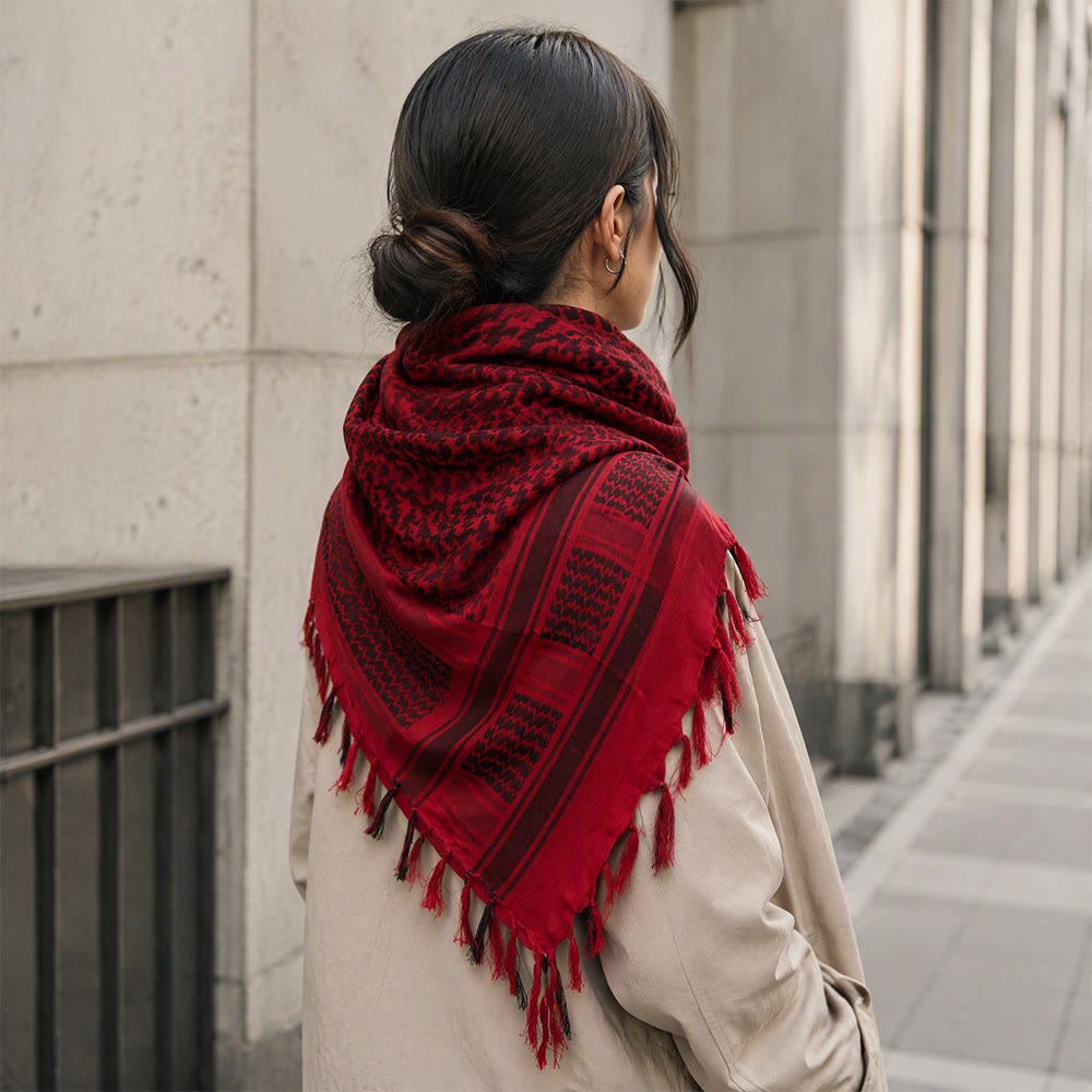 HilalHaven Crimson Flame Keffiyeh Scarf — Red Black Traditional Arab Tassel Shawl Unisex - image 5