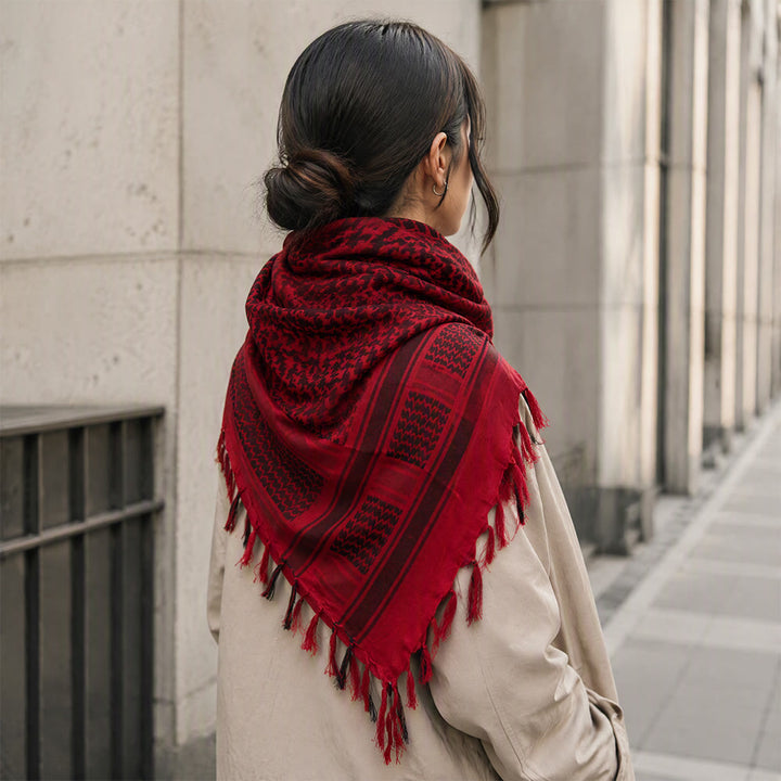 HilalHaven Crimson Flame Keffiyeh Scarf — Red Black Traditional Arab Tassel Shawl Unisex - image 5