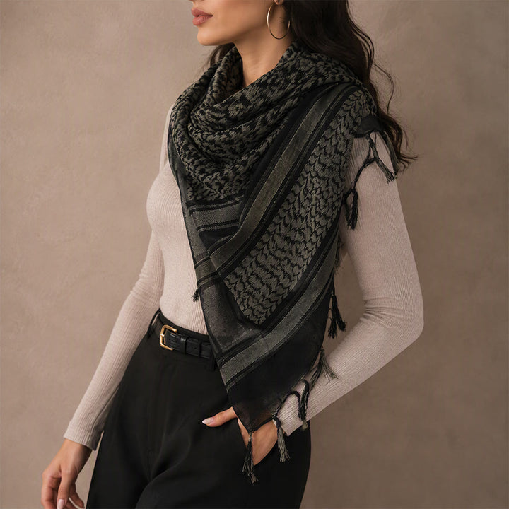 HilalHaven Midnight Shade Keffiyeh Scarf — Black Grey Traditional Arab Tassel Shawl Unisex - image 0