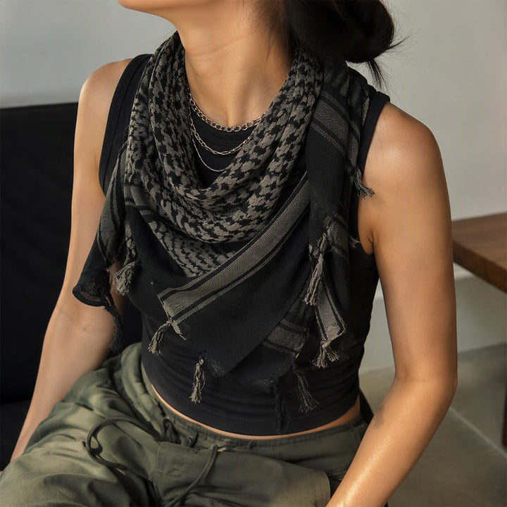 HilalHaven Midnight Shade Keffiyeh Scarf — Black Grey Traditional Arab Tassel Shawl Unisex - image 4
