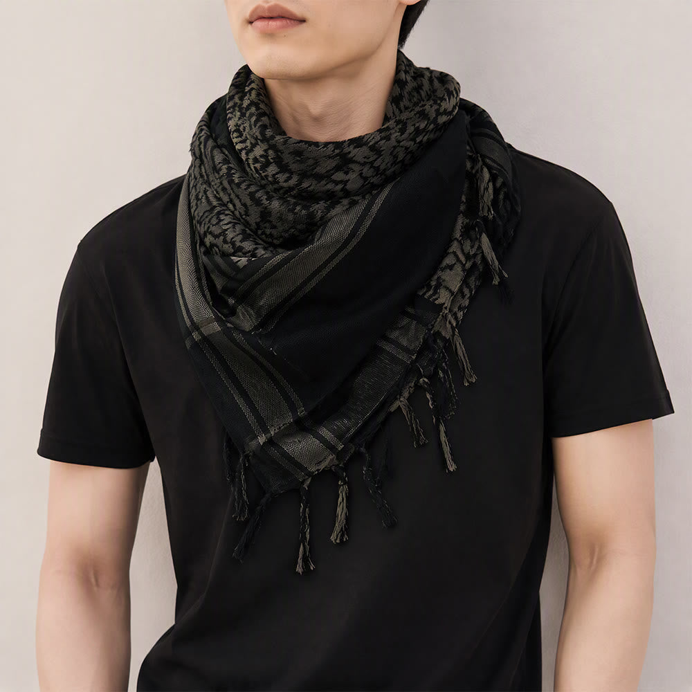 HilalHaven Midnight Shade Keffiyeh Scarf — Black Grey Traditional Arab Tassel Shawl Unisex - image 1