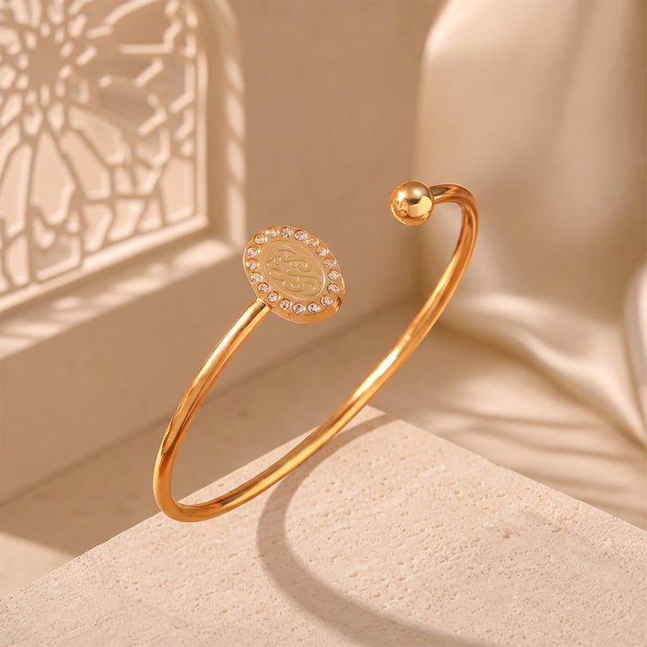 HilalHaven Medallion Glow Titanium Steel Open Cuff Bangle - Style 2 - Golden - image 4