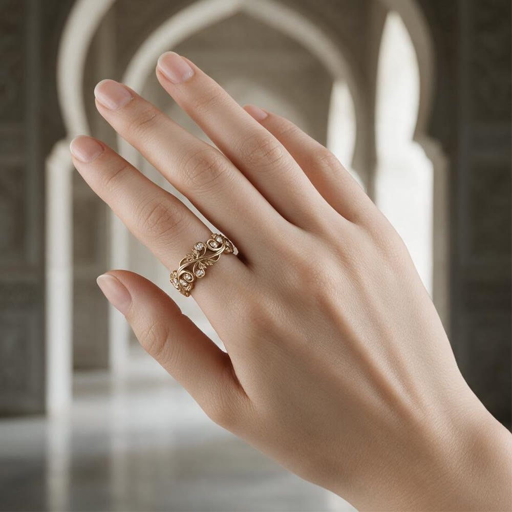 HilalHaven Golden Vine Bloom lectroplated Floral Scroll Zircon Luxury Band Ring - image 5