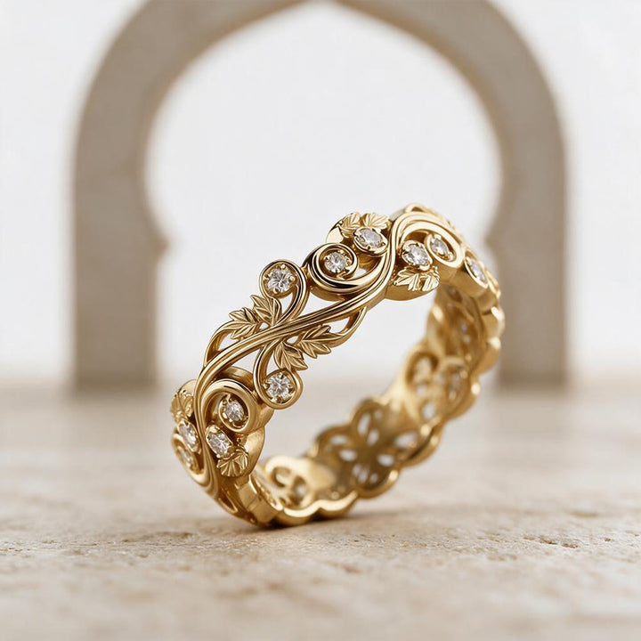 HilalHaven Golden Vine Bloom lectroplated Floral Scroll Zircon Luxury Band Ring - image 6