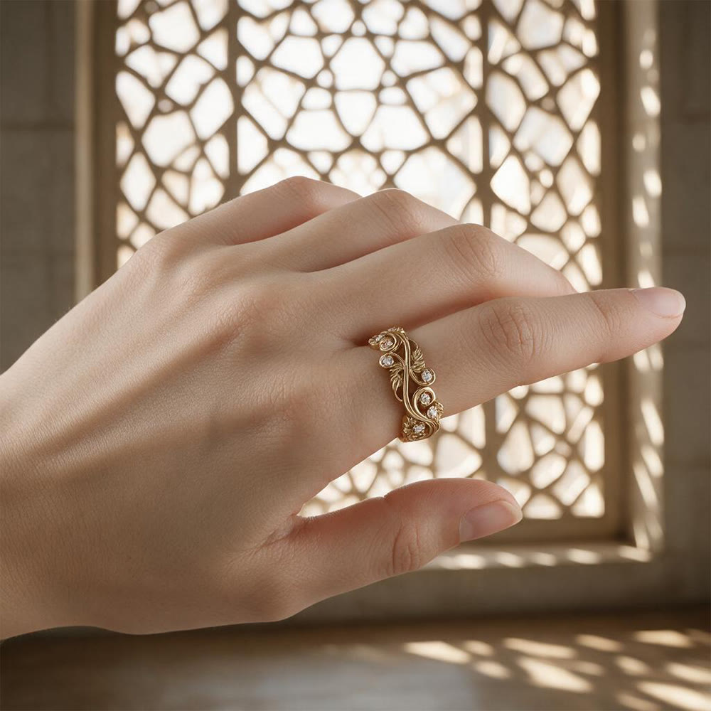 HilalHaven Golden Vine Bloom lectroplated Floral Scroll Zircon Luxury Band Ring - image 0