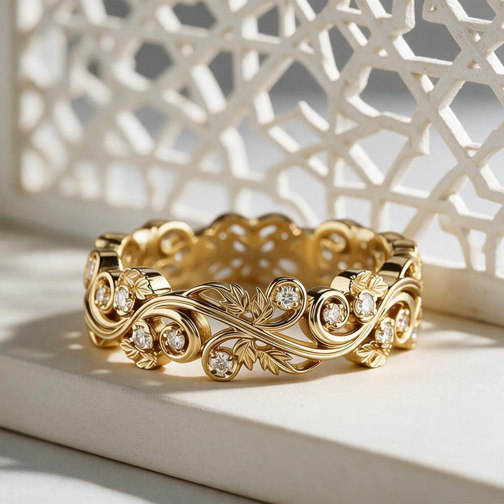 HilalHaven Golden Vine Bloom lectroplated Floral Scroll Zircon Luxury Band Ring - image 4