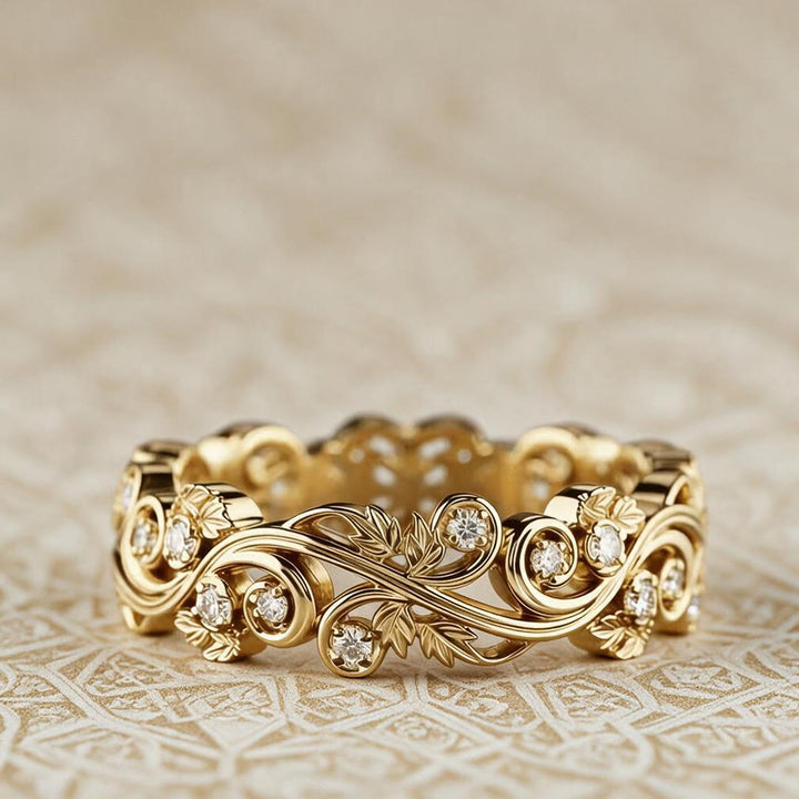 HilalHaven Golden Vine Bloom lectroplated Floral Scroll Zircon Luxury Band Ring - US 10 - image 3