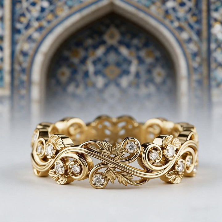 HilalHaven Golden Vine Bloom lectroplated Floral Scroll Zircon Luxury Band Ring - image 2