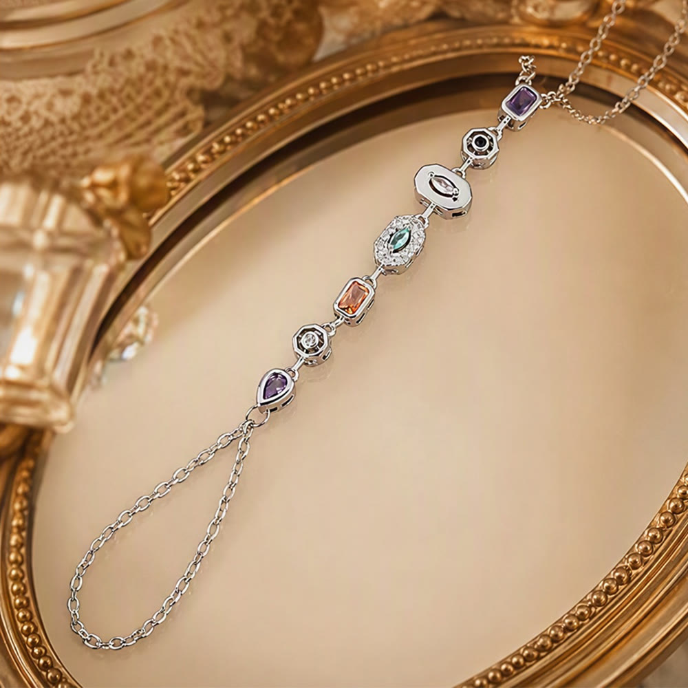 HilalHaven Gem Y-drop Chain Multi-shape Crystal Inlaid Hand Chain - Silver - With Colorful Diamond - image 13