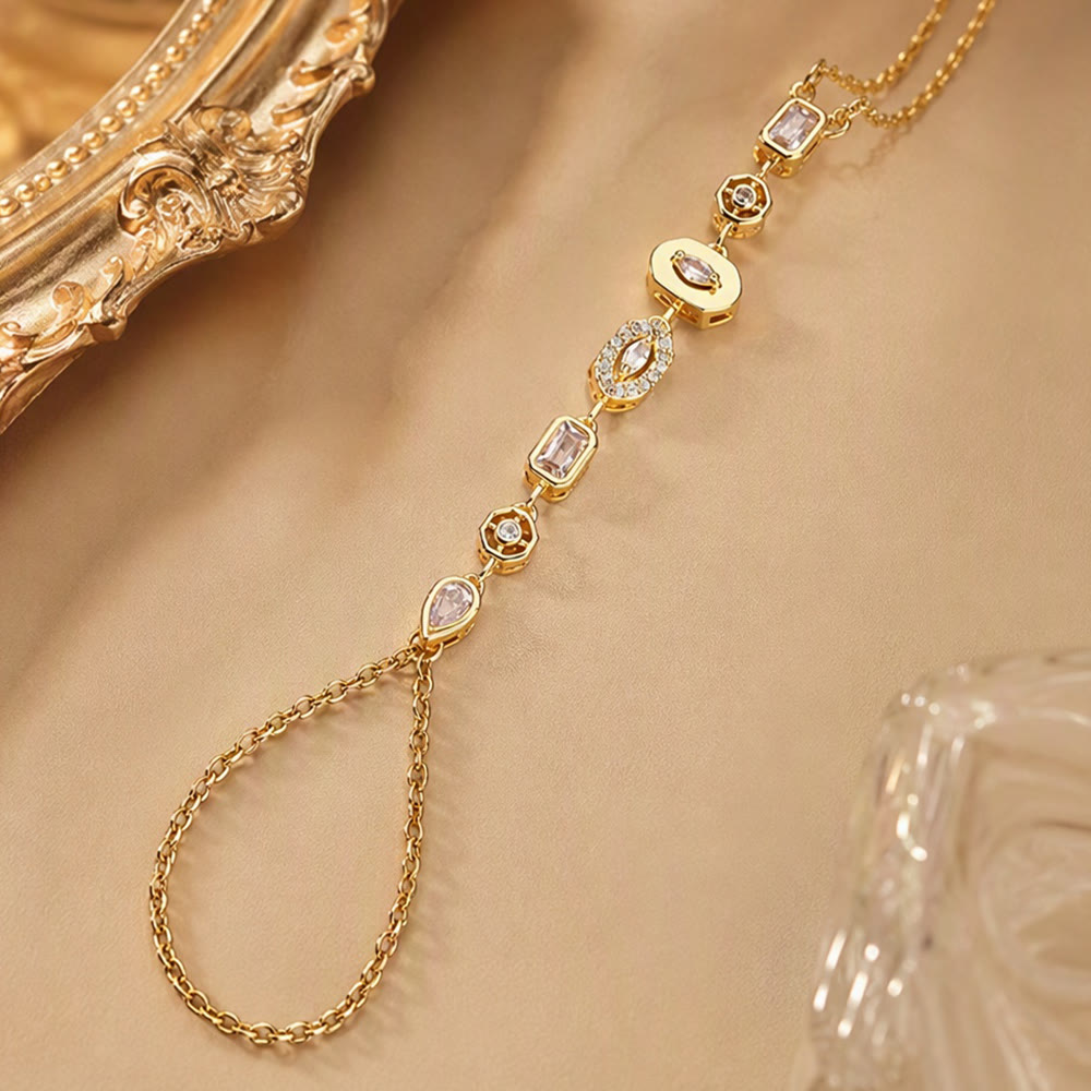 HilalHaven Gem Y-drop Chain Multi-shape Crystal Inlaid Hand Chain - Golden - With Clear Diamond - image 7