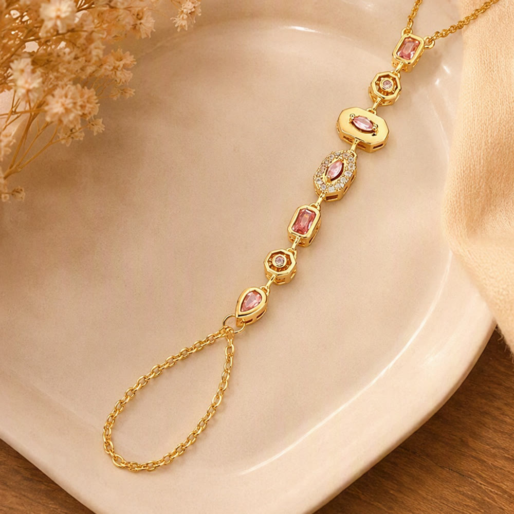 HilalHaven Gem Y-drop Chain Multi-shape Crystal Inlaid Hand Chain - Golden - With Pink Diamond - image 3