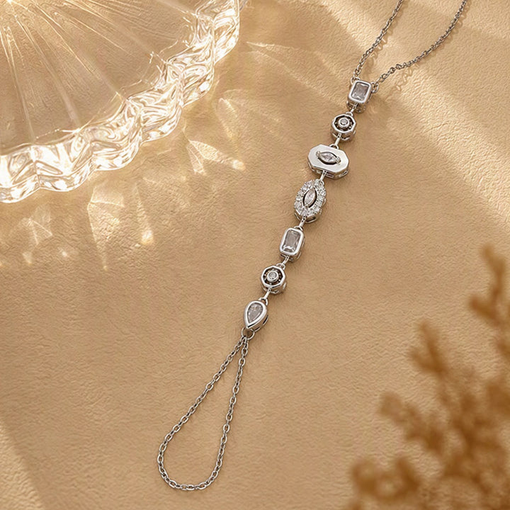 HilalHaven Gem Y-drop Chain Multi-shape Crystal Inlaid Hand Chain - Silver - With Pink Diamond - image 16