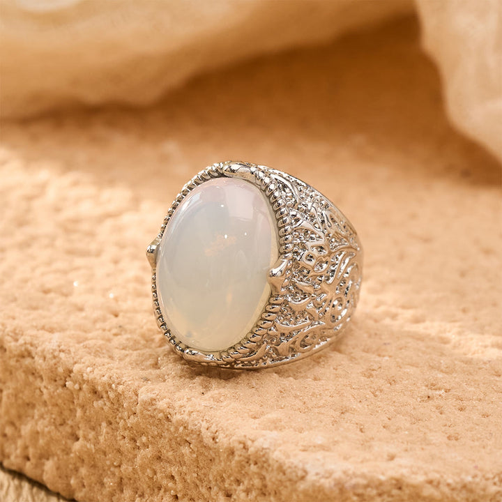 HilalHaven Lunar Veil Intricate Scroll‑Engraved Cabochon Statement Ring  - Silver - US 13 - image 2