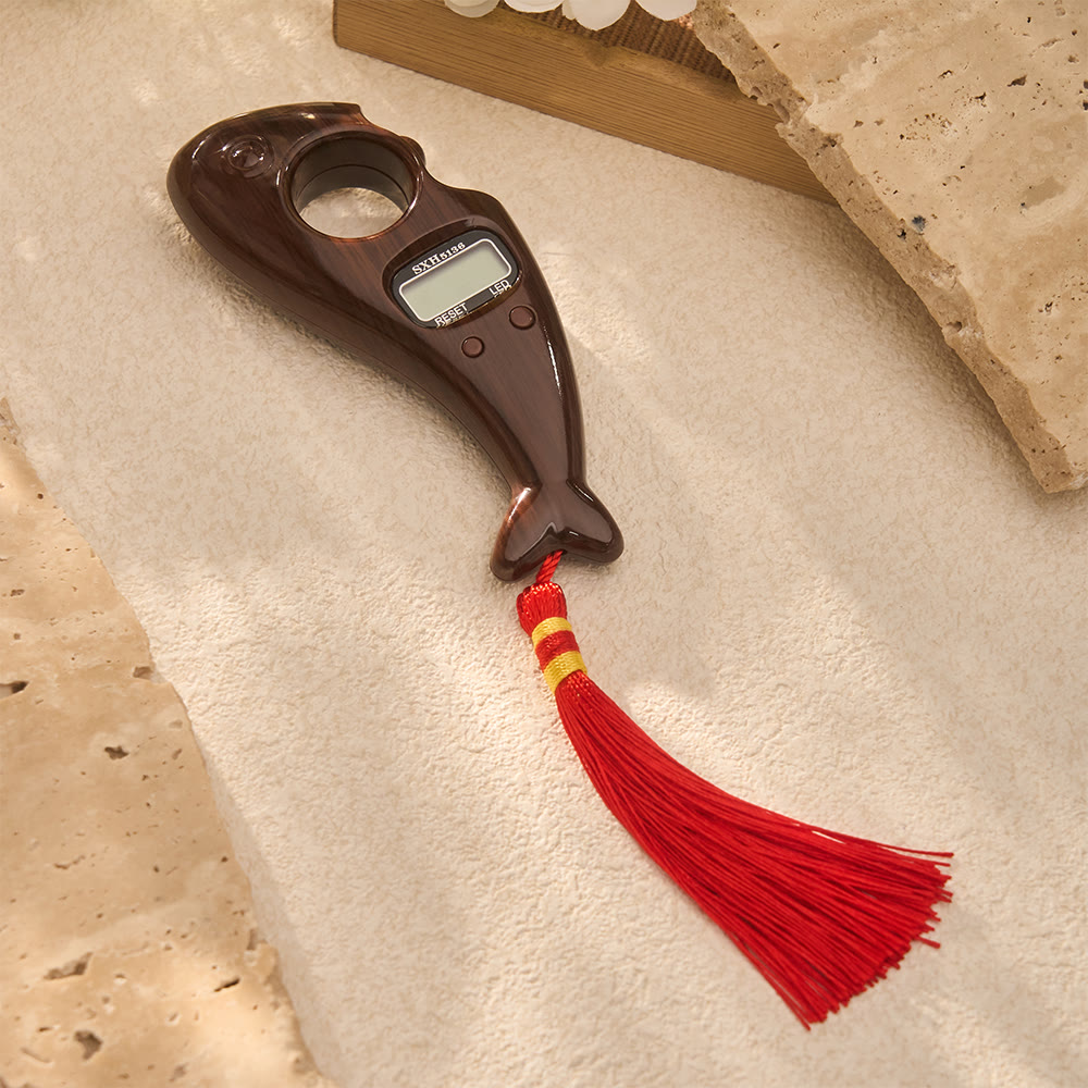 HilalHaven Portable Handheld Dolphin Design LED Digital Tasbih with Red Tassel - Dark Wood - image 2