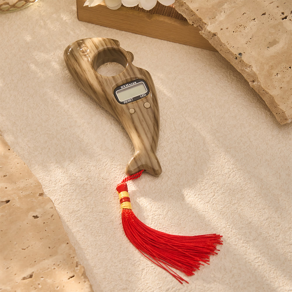 HilalHaven Portable Handheld Dolphin Design LED Digital Tasbih with Red Tassel - Light Wood - image 4