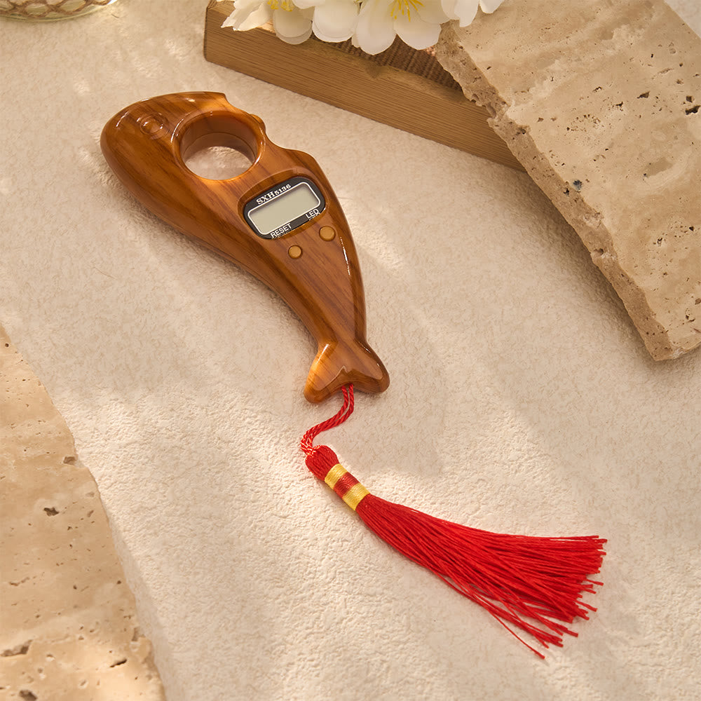 HilalHaven Portable Handheld Dolphin Design LED Digital Tasbih with Red Tassel - Red Wood - image 6