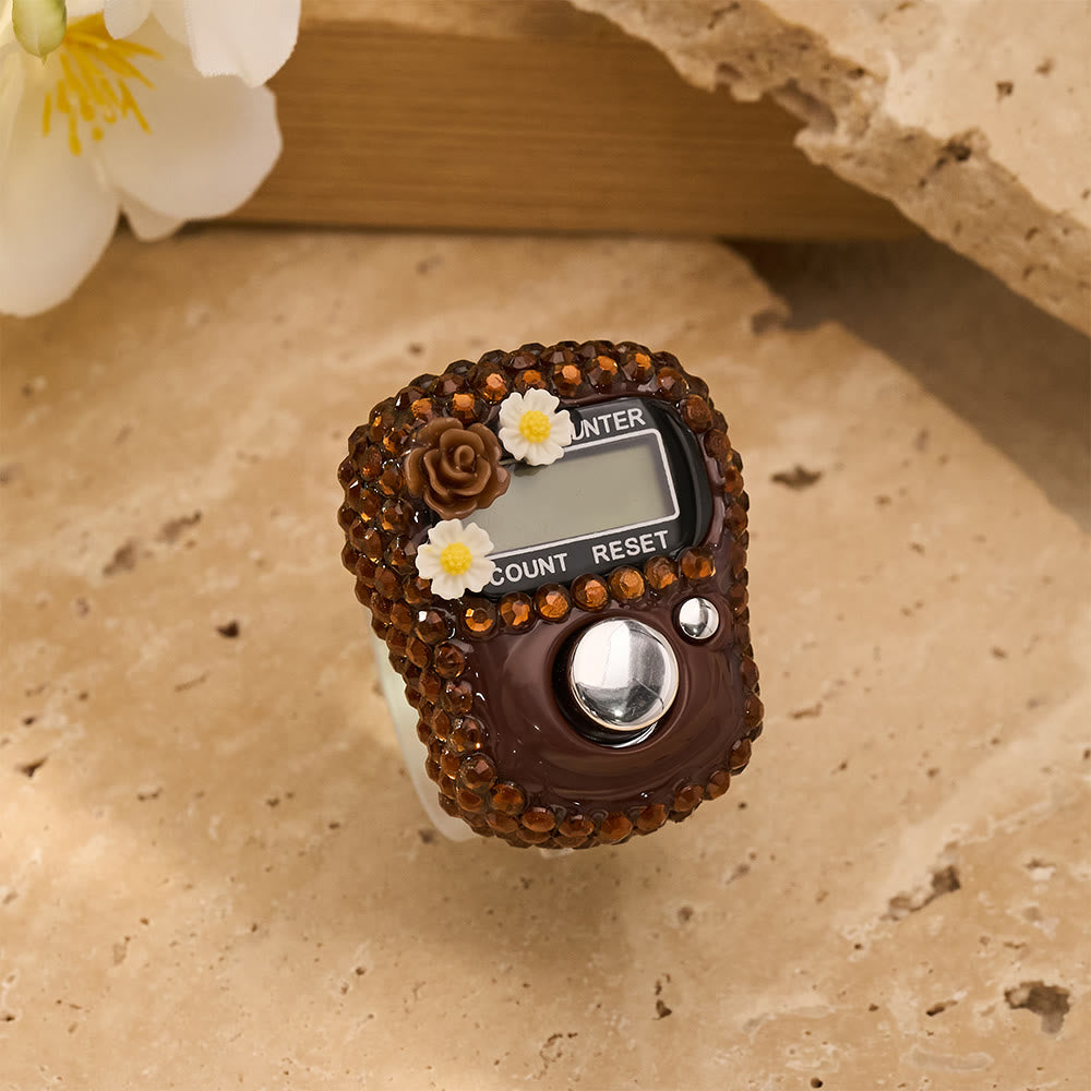FREE Today: Rhinestone Floral 0-99999 Hand Strap Digital Tasbih - Brown - image 1