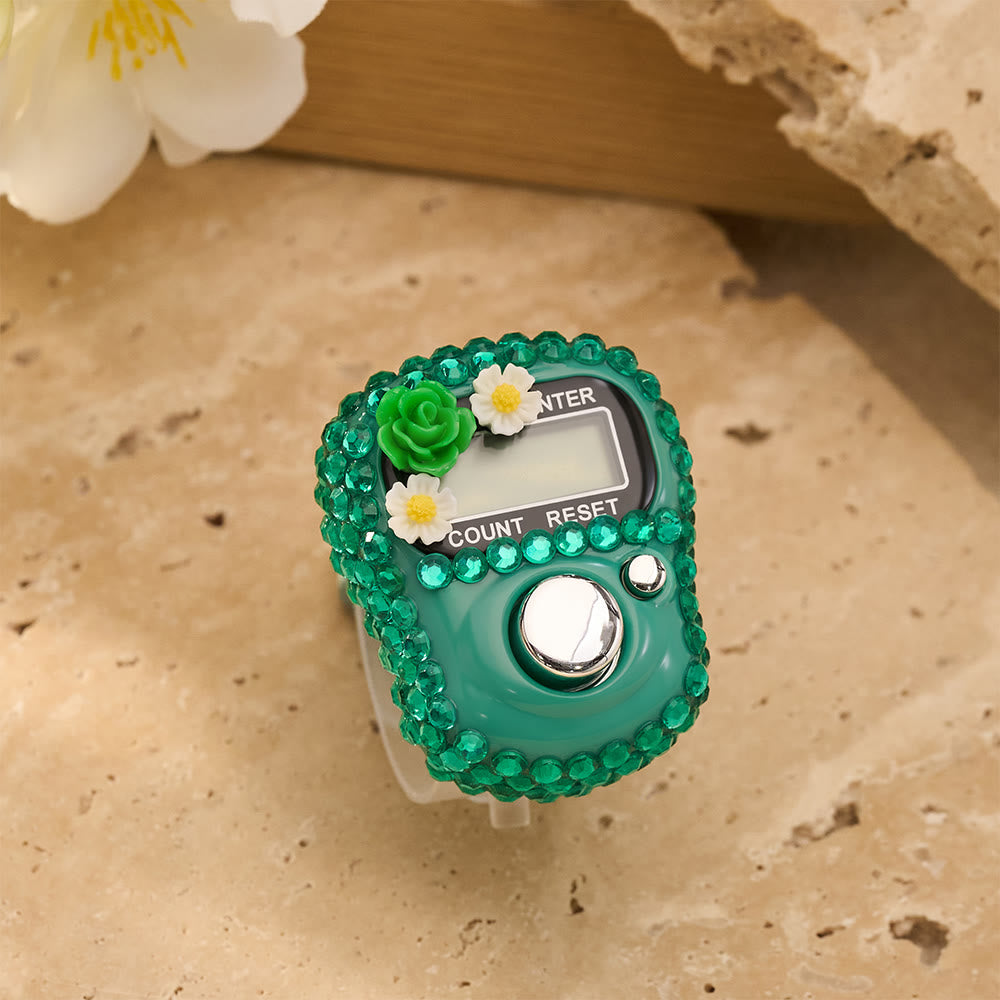 HilalHaven Rhinestone Floral 0-99999 Hand Strap Digital Tasbih - Green - image 19