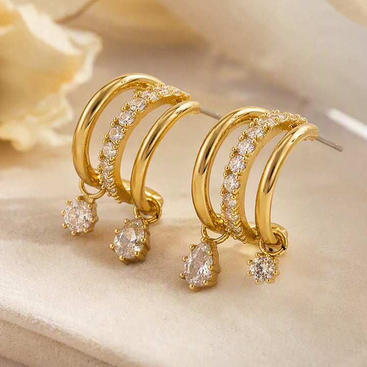 HilalHaven Dew Drop Spark Gold Triple Hoop Zircon Drop Earrings - image 2
