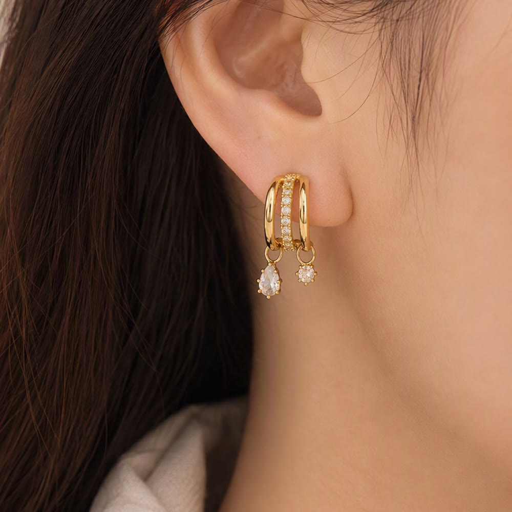 HilalHaven Dew Drop Spark Gold Triple Hoop Zircon Drop Earrings - image 0
