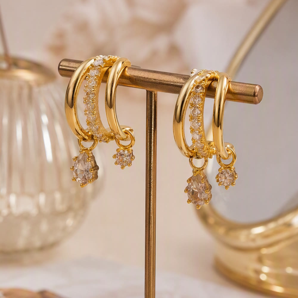 HilalHaven Dew Drop Spark Gold Triple Hoop Zircon Drop Earrings - image 1