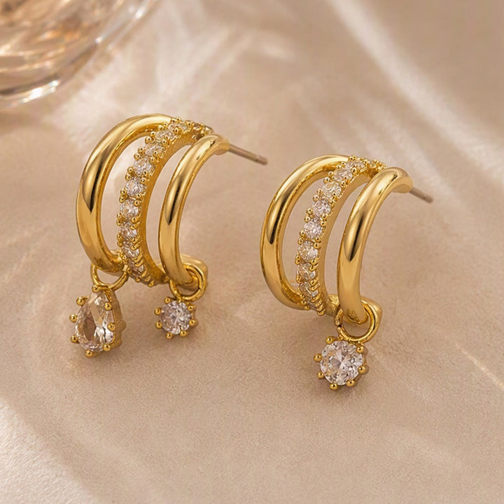 HilalHaven Dew Drop Spark Gold Triple Hoop Zircon Drop Earrings - image 4