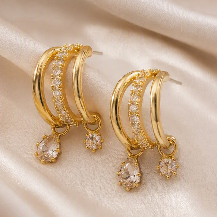HilalHaven Dew Drop Spark Gold Triple Hoop Zircon Drop Earrings - image 7