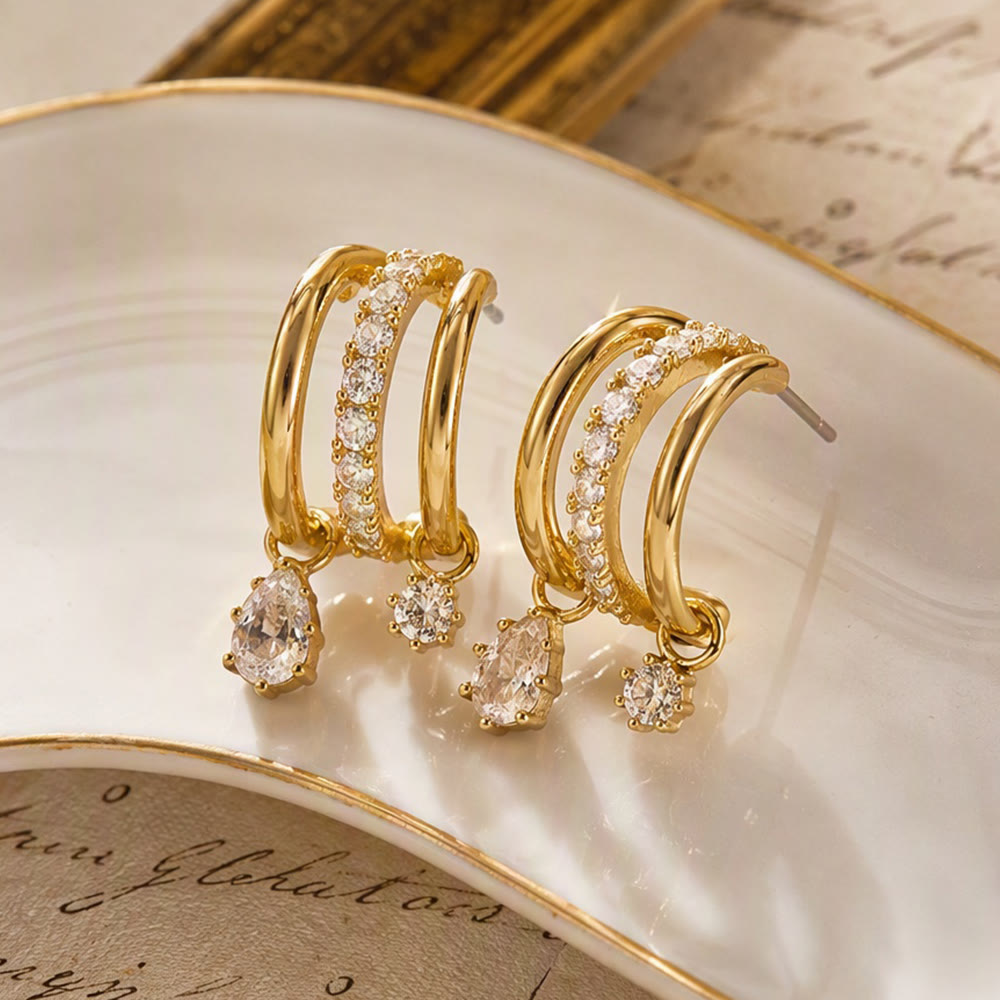 HilalHaven Dew Drop Spark Gold Triple Hoop Zircon Drop Earrings - image 3