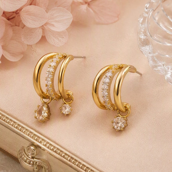 HilalHaven Dew Drop Spark Gold Triple Hoop Zircon Drop Earrings - image 6