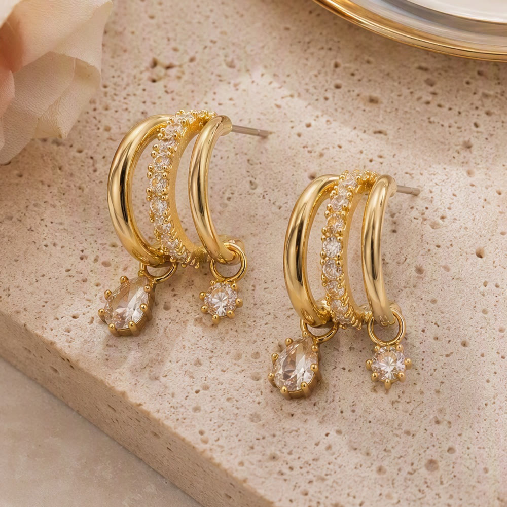 HilalHaven Dew Drop Spark Gold Triple Hoop Zircon Drop Earrings - image 12