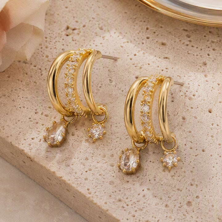 HilalHaven Dew Drop Spark Gold Triple Hoop Zircon Drop Earrings - image 12