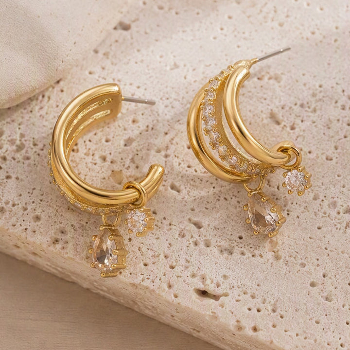 HilalHaven Dew Drop Spark Gold Triple Hoop Zircon Drop Earrings - Golden - image 8
