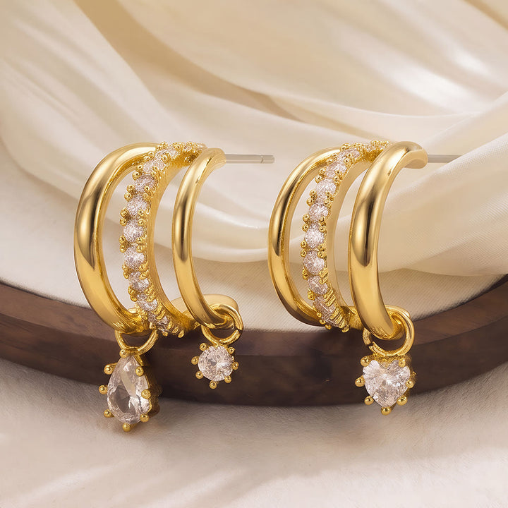 HilalHaven Dew Drop Spark Gold Triple Hoop Zircon Drop Earrings - image 10