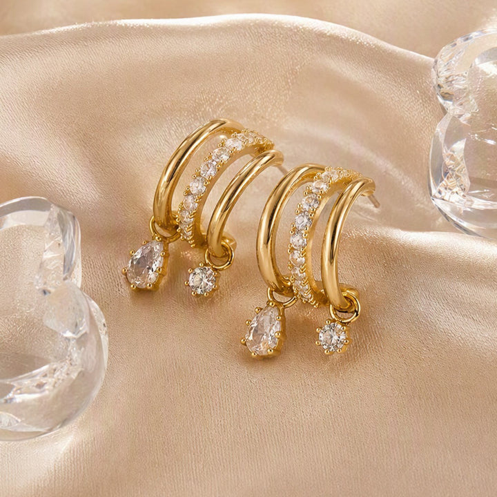 HilalHaven Dew Drop Spark Gold Triple Hoop Zircon Drop Earrings - image 11