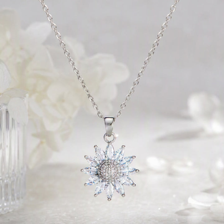 HilalHaven Sunlit Bloom Titanium Steel Sunflower Zircon Pendant Necklace - Silver - image 3