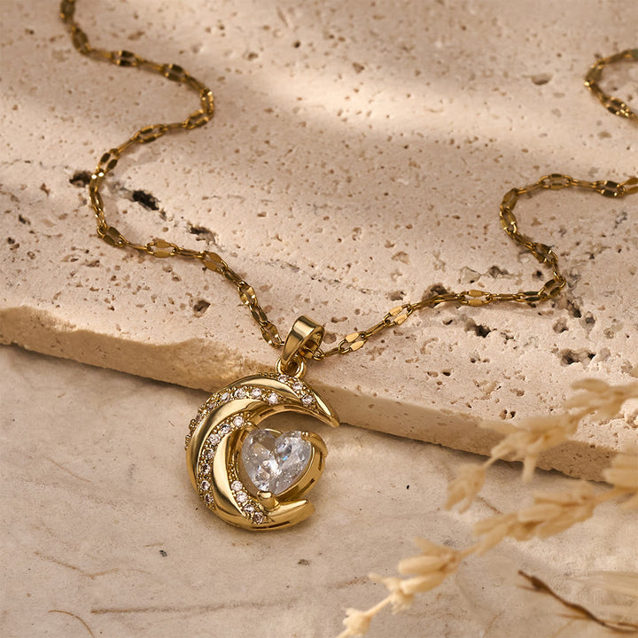 HilalHaven Curved Lunar Frame Heart Crystal Dainty Everyday Necklace - Curved Lunar Frame Heart Crystal Dainty Everyday Necklace - image 1