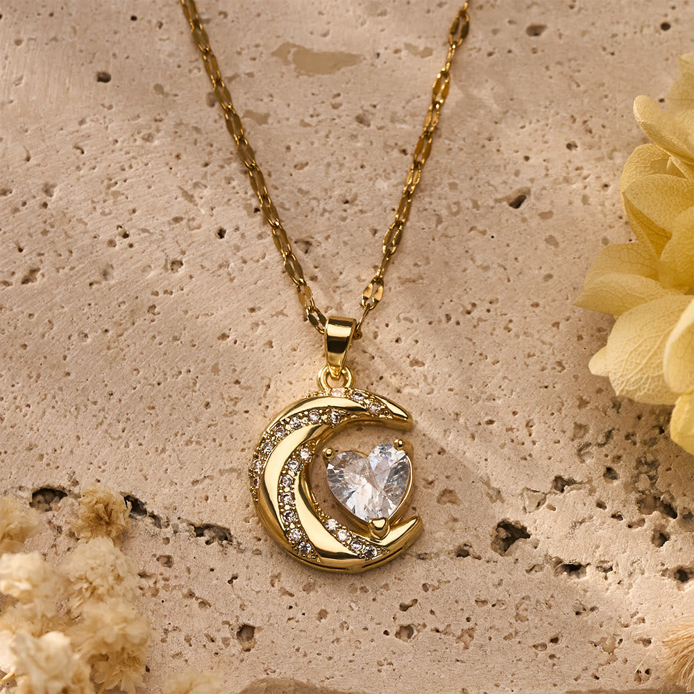 HilalHaven Curved Lunar Frame Heart Crystal Dainty Everyday Necklace - image 0