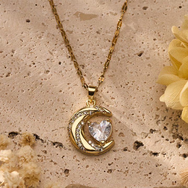 HilalHaven Curved Lunar Frame Heart Crystal Dainty Everyday Necklace - image 0