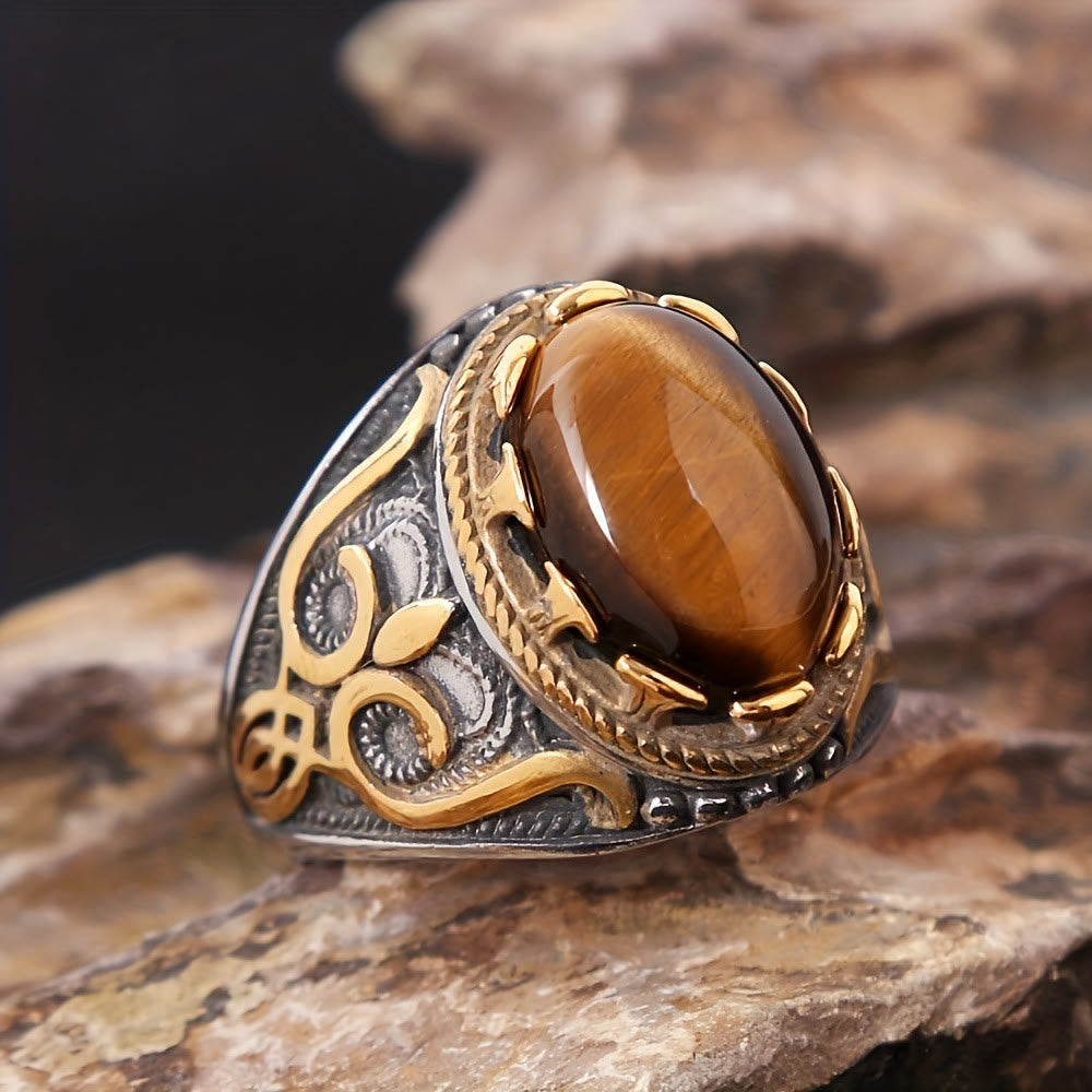 HilalHaven Vintage Crest Tiger Eye Stone Zinc Alloy Men Ring - US 13 - image 0