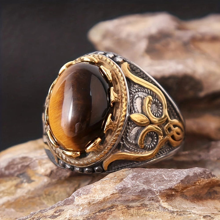 HilalHaven Vintage Crest Tiger Eye Stone Zinc Alloy Men Ring - image 1
