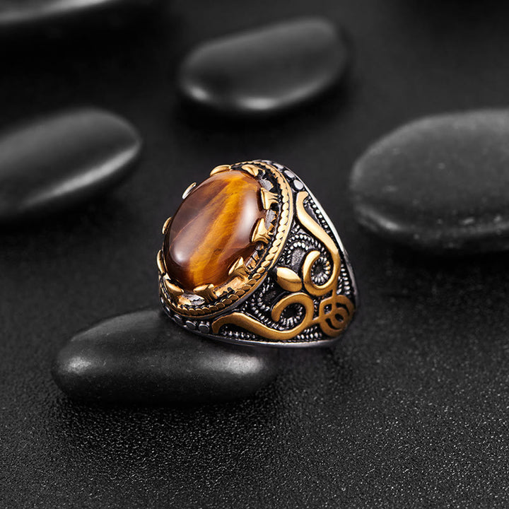HilalHaven Vintage Crest Tiger Eye Stone Zinc Alloy Men Ring - image 2