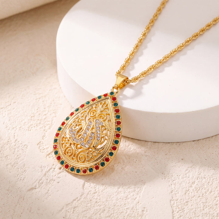 ilalHaven Allah Teardrop Filigree Alloy Enamel Rhinestone Twisted Rope Necklace - image 6
